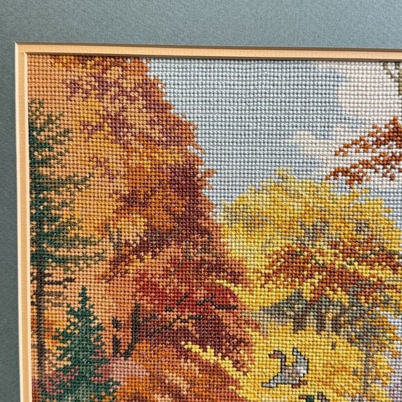 1997 Vintage Embroidered Picture Forest Lake Art With Wooden Frame 30" L x 25" H - Picture 9 of 16